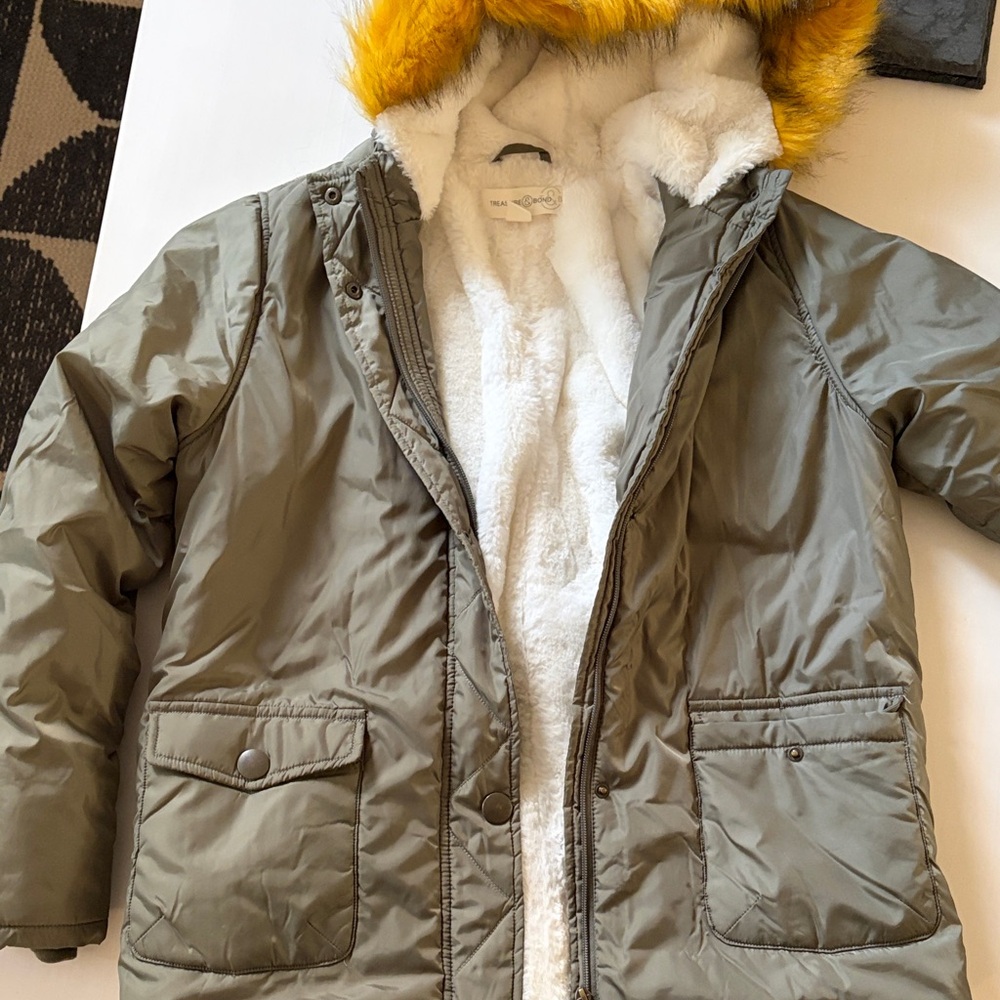 Treasure & Bond Khaki Kids Puffer Jacket with Faux Fur Hood